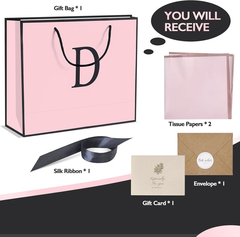 QLSKO Personalized Initial Paper Bag for Women Grils,Monogrammed Gift Bag with Bow Ribbon,Wrapping Tissue and Card Matching Envelope Sticker (Pink, D-Medium) - Image 2